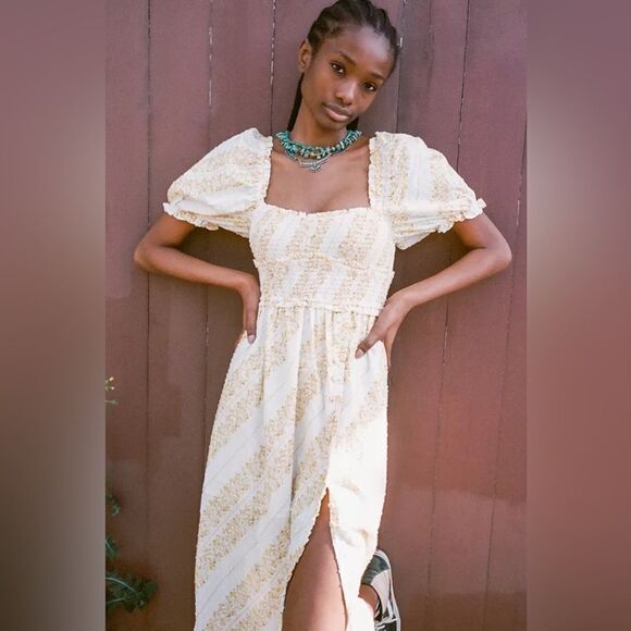 For Love & Lemons Lucie Midi Yellow White Dress Smocked Size S - Picture 2 of 8